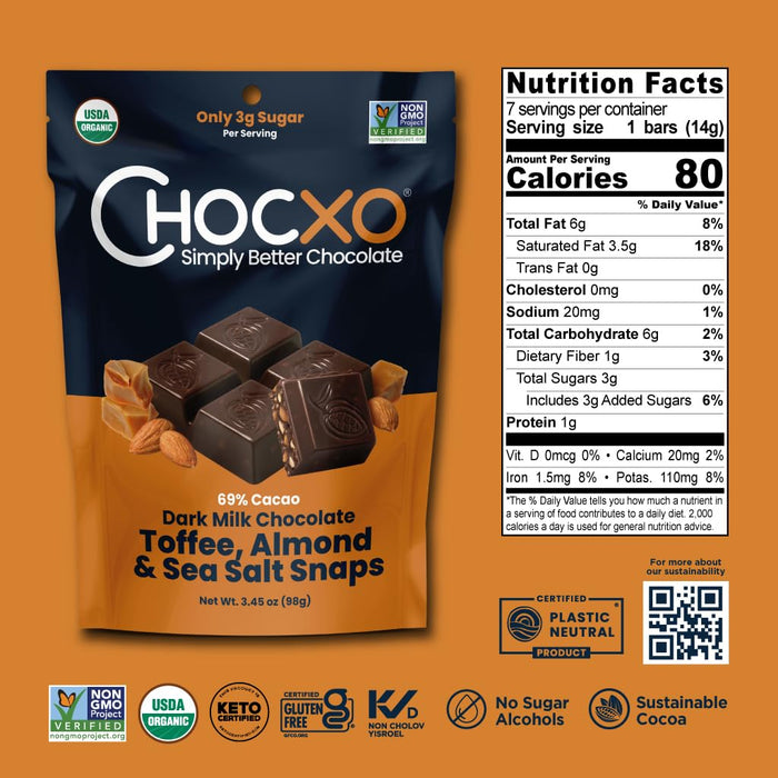 Chocxo Dark Milk Chocolate Toffee, Almond & Sea Salt Snaps 3.45 OZ