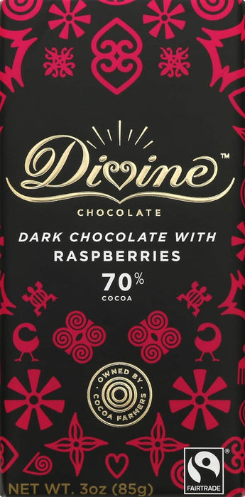 Divine Chocolate Bar 70% Dark Chocolate With Raspberries 3 Oz