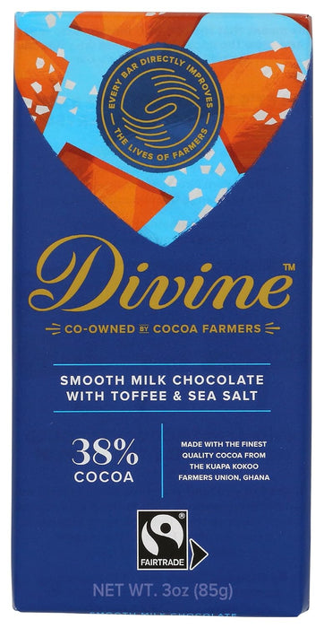 Divine Chocolate Bar Smooth 38% Milk Choco Toffee & Sea Salt 3 Oz