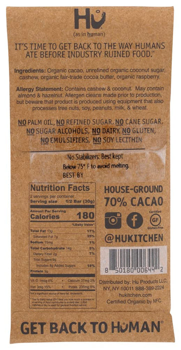 Hu Kitchen Organic Dark Chocolate Cashew Butter Raspberry Bar 2.1 Oz
