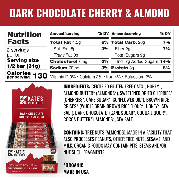 Kate`S Real Food Organic Energy Bar Dark Choco Cherry Almond 2.2 Oz