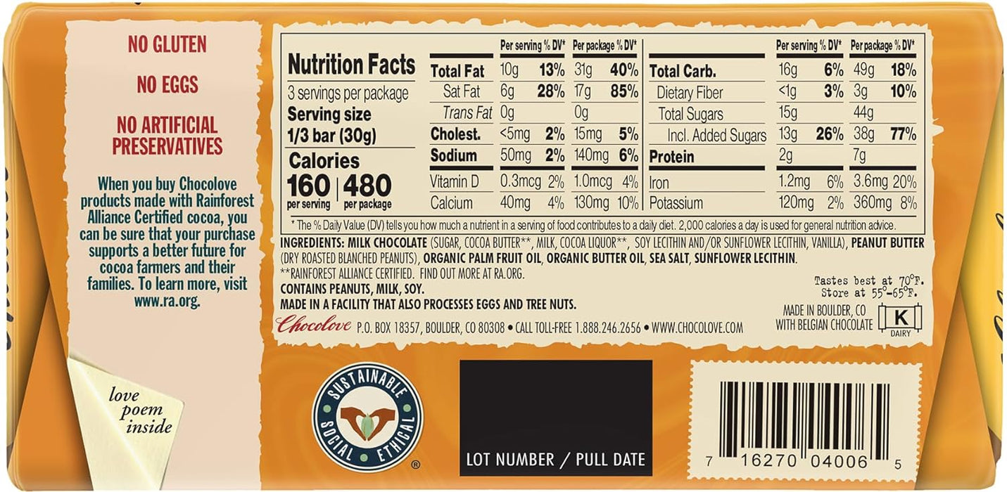 Chocolove Salted Peanut Butter Filled 33% Milk Chocolate Bar 3.2 Oz