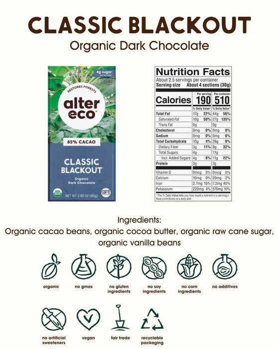 Alter Eco  Organic Chocolate Bar Dark Classic Blackout   2.82 Oz