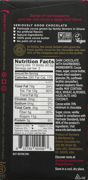 Divine Chocolate  Bar 70% Dark Chocolate With Raspberries   3 Oz