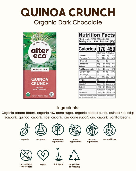 Alter Eco  Organic Chocolate Bar Dark Quinoa Crunch   2.82 Oz