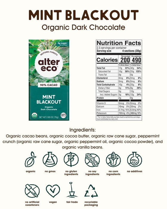 Alter Eco  Organic Dark 90% Cocoa Crisp Bar Mint Blackout   2.65 Oz
