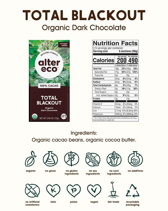 Alter Eco  Organic Total Blackout Chocolate Bar   2.65 Oz