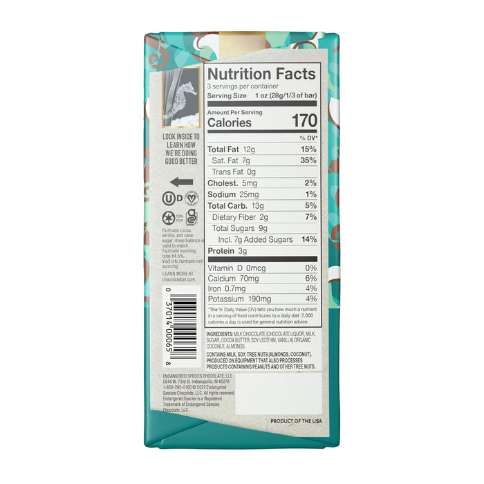 Endangered Species Chocolate Coconut Almonds 48% Milk Chocolate 3 OZ