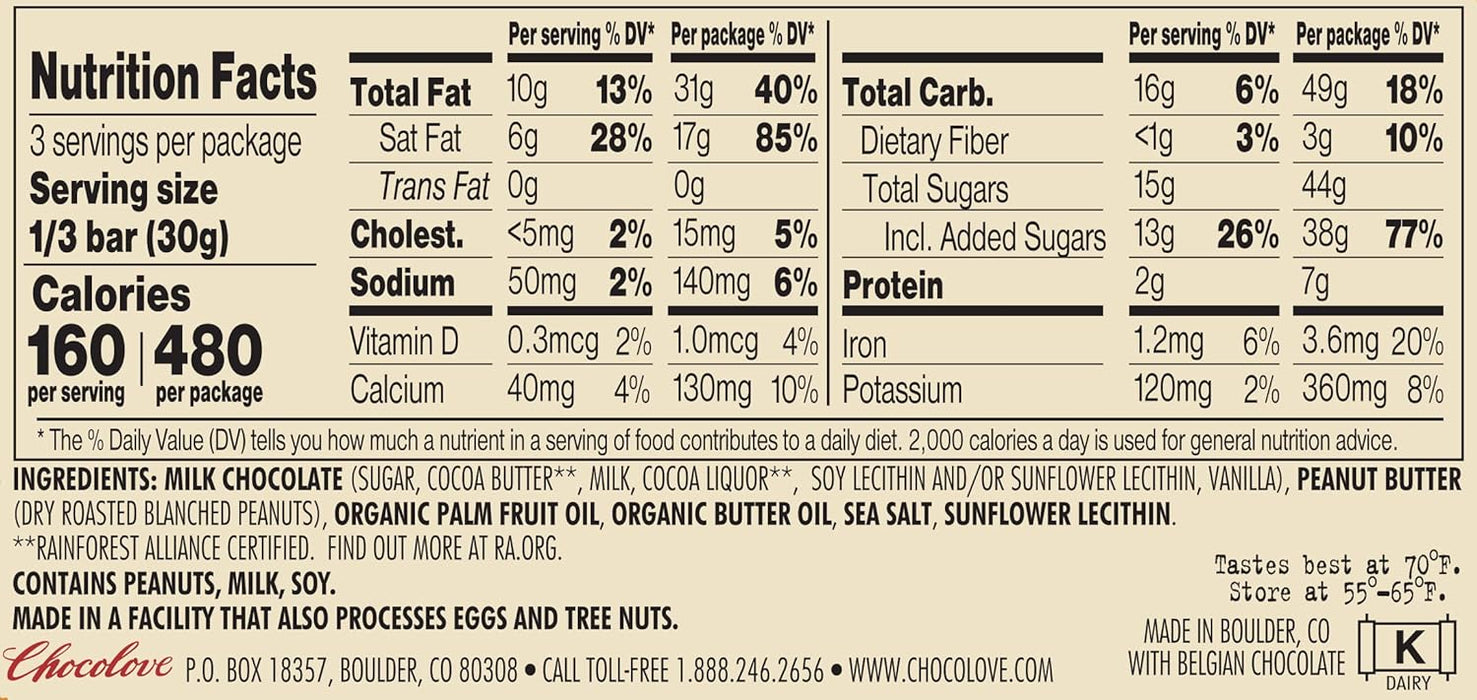 Chocolove Salted Peanut Butter Filled 33% Milk Chocolate Bar 3.2 Oz