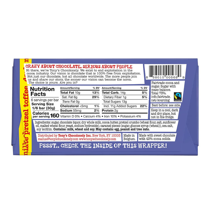 Tony`S Chocolonely  Dark Chocolate Pretzel Toffee Bar   6.35 Oz