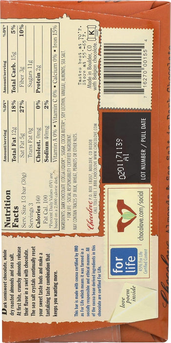 Chocolove Dark Chocolate Almonds And Sea Salt Bars 3.2 Oz