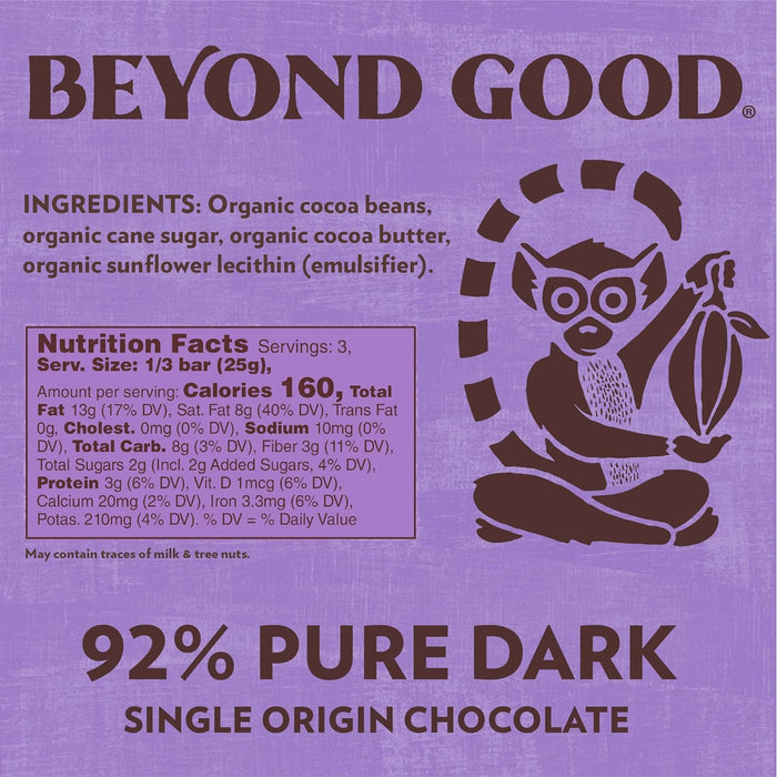 Beyond Good Madagascar Pure Dark Chocolate Bar 92% Cocoa 2.64 Oz