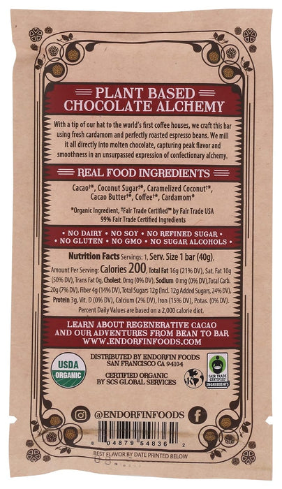 Endorfin Foods Dark Chocolate Bar Coffee Cardamom & Coconut Milk