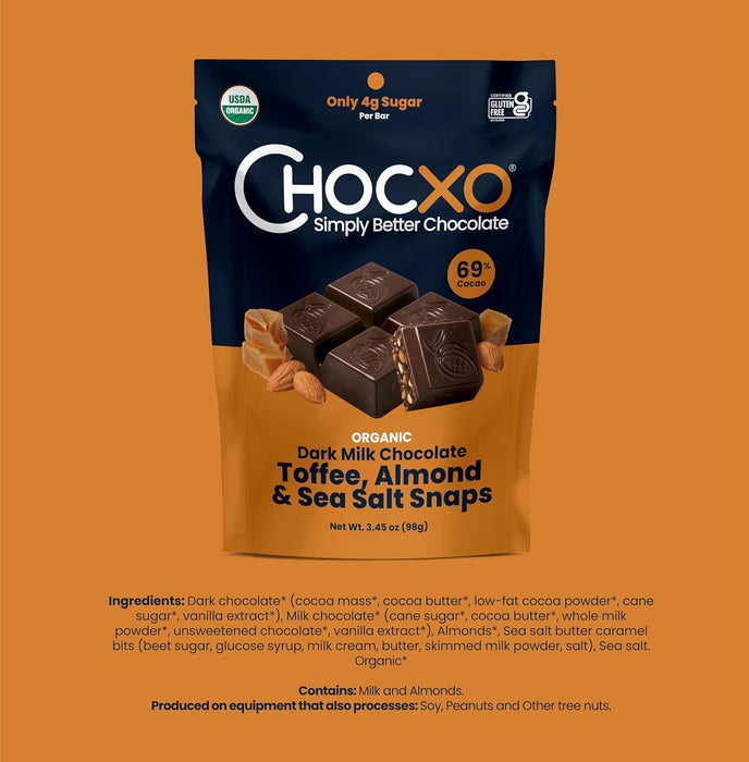 Chocxo Dark Milk Chocolate Toffee, Almond & Sea Salt Snaps 3.45 OZ