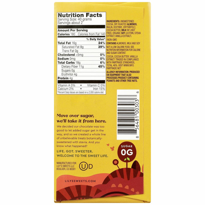 Lily'S  Dark Chocolate Stevia Sweetened Almond Bar   3 Oz