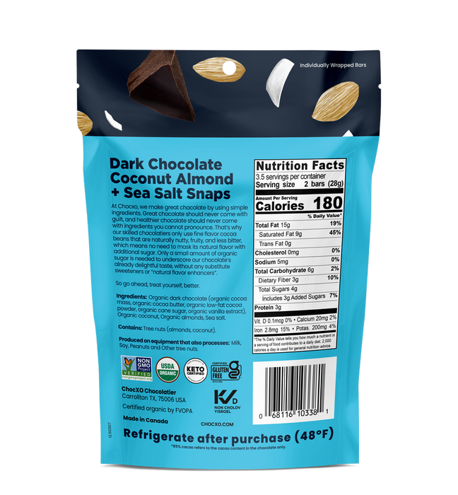 Chocxo Organic Dark Choco Keto Coconut Almond & Sea Salt 3.45 Oz