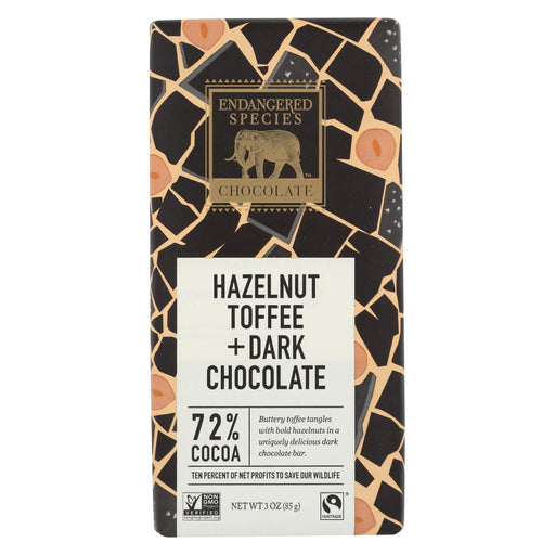Endangered Species Natural Chocolate Bars - Dark Chocolate - 72 Percent Cocoa - Hazelnut Toffee - 3 Oz Bars - Case Of 12