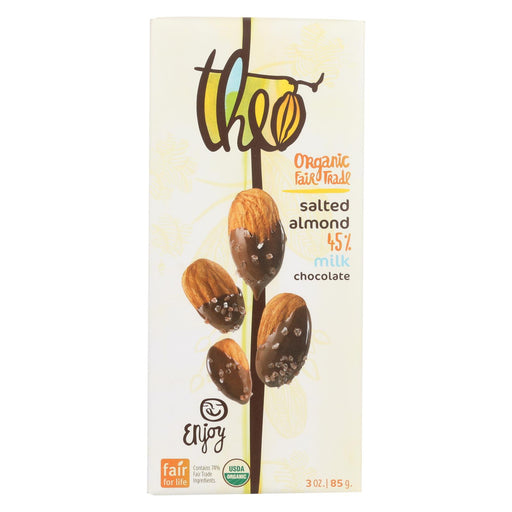 Theo Chocolate Organic Chocolate Bar - Classic - Milk Chocolate - 45 Percent Cacao - Salted Almond - 3 Oz Bars - Case Of 12