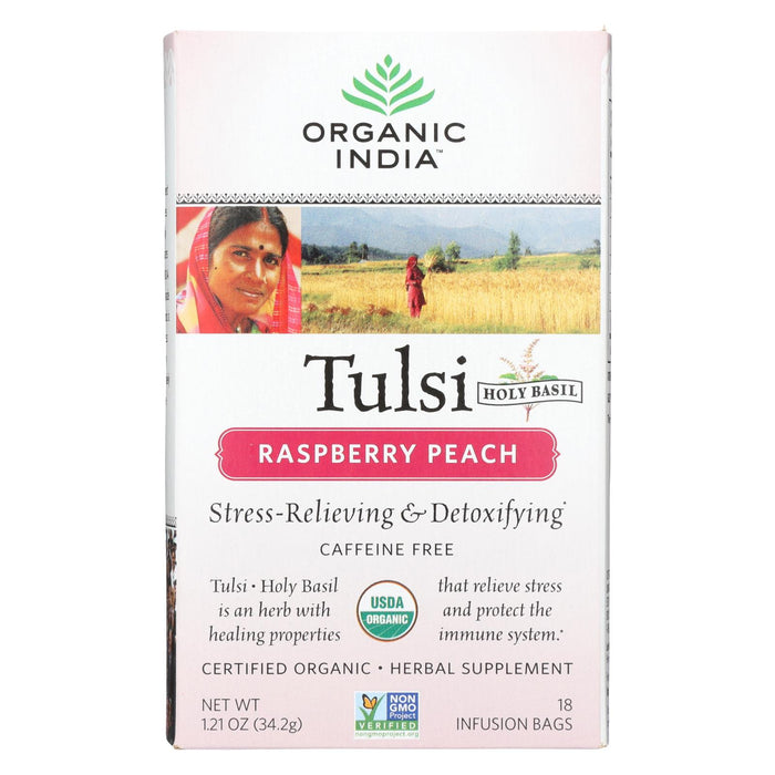 Organic India Tulsi Tea Raspberry Peach - 18 Tea Bags - Case Of 6