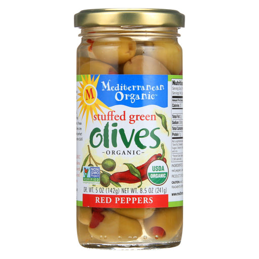 Mediterranean Organic Olives - Organic - Green - Stuffed - Red Peppers - 8.5 Oz - Case Of 12