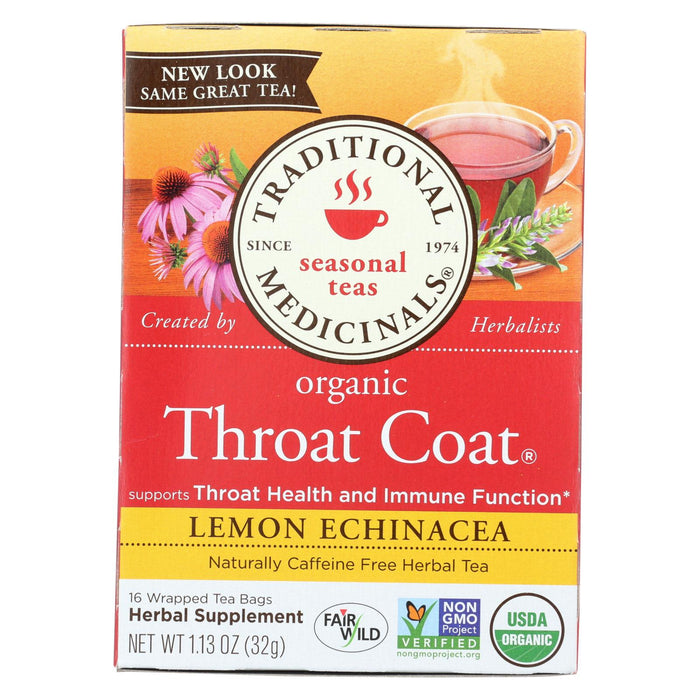 Traditional Medicinals Organic Lemon Echinacea Throat Coat Herbal Tea - 16 Tea Bags - Case Of 6