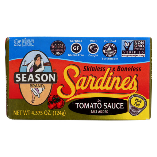 Season Brand Sardines - Skinless And Boneless - In Tomato Sauce - Salt Added - 4.375 Oz - Case Of 12
