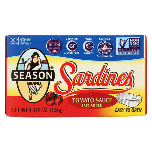 Season Brand Sardines In Tomato Sauce  - Salt Added - Case Of 12 - 4.375 Oz.