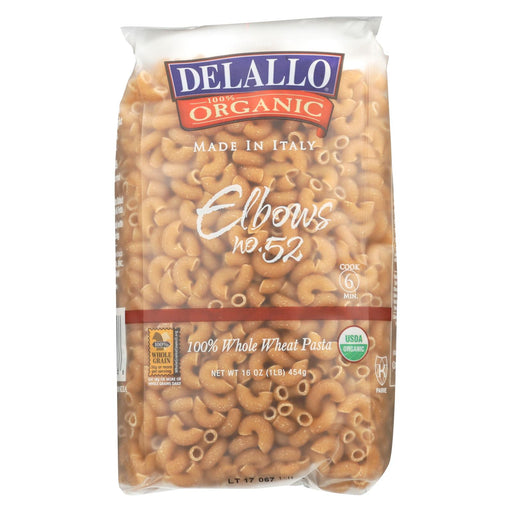 Delallo 100% Organic Whole Wheat #52 Elbows - Case Of 16 - 1 Lb.