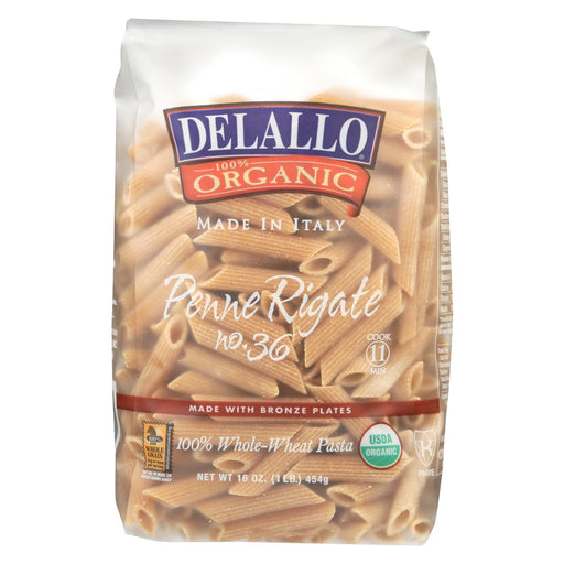 Delallo Organic Whole Wheat Penne Rigate Pasta - Case Of 16 - 1 Lb.