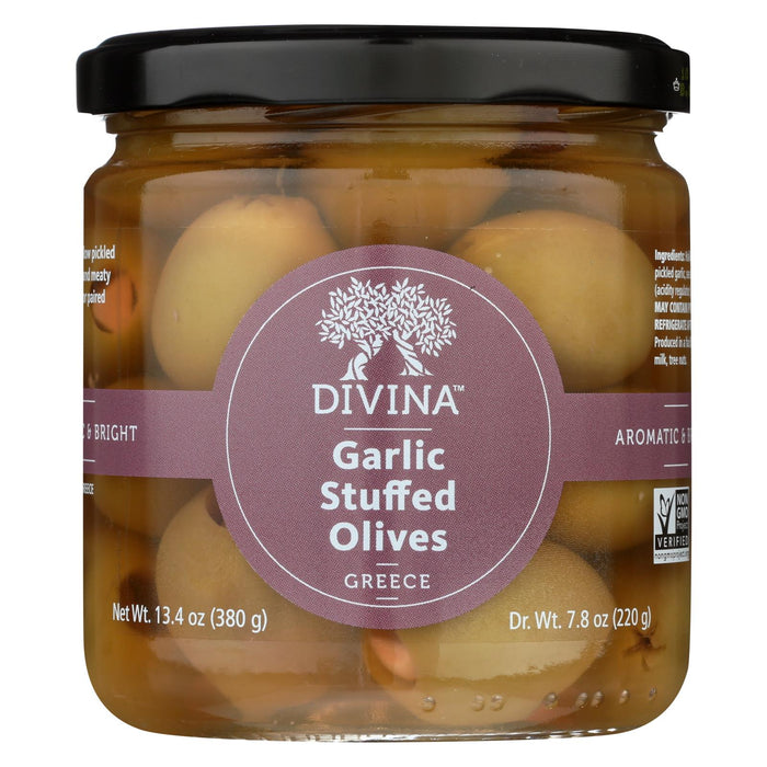 Divina Green Olives Stuffed With Garlic - Case Of 6 - 7.8 Oz.