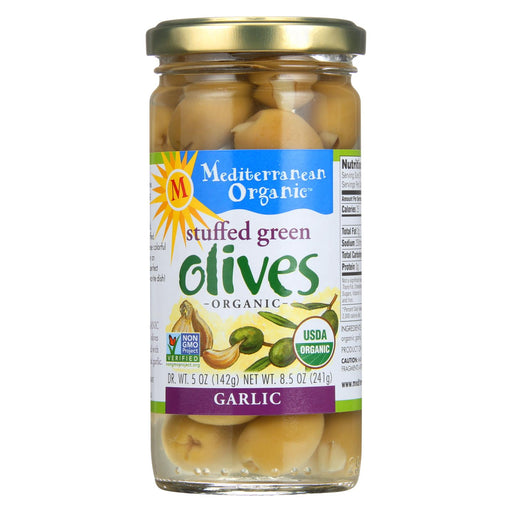Mediterranean Organic Olives - Organic - Green - Stuffed - Garlic - 8.5 Oz - Case Of 12