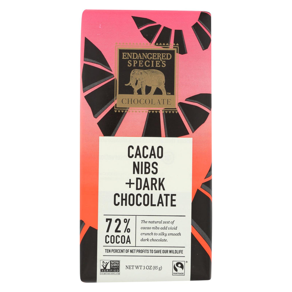 Endangered Species Natural Chocolate Bars - Dark Chocolate - 72 Percent Cocoa - Cacao Nibs - 3 Oz Bars - Case Of 12