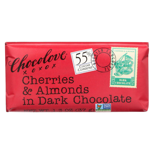 Chocolove Xoxox Premium Chocolate Bar - Dark Chocolate - Cherries And Almonds - Mini - 1.3 Oz Bars - Case Of 12