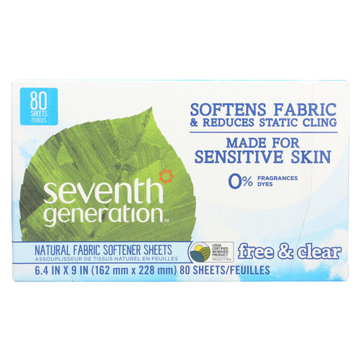 Seventh Generation Natural Fabric Softener Sheets - Free And Clear - Case Of 12 - 80 Count