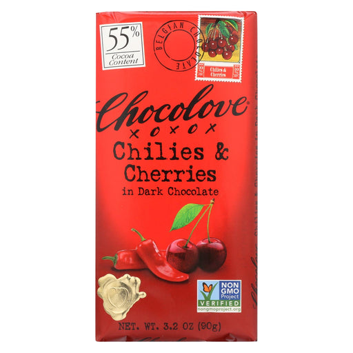 Chocolove Xoxox Premium Chocolate Bar - Dark Chocolate - Chilies And Cherries - 3.2 Oz Bars - Case Of 12