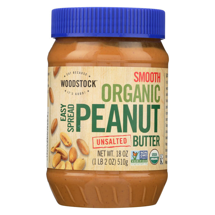 Woodstock Organic Easy Spread Peanut Butter - Smooth - Unsalted - Case Of 12 - 18 Oz.