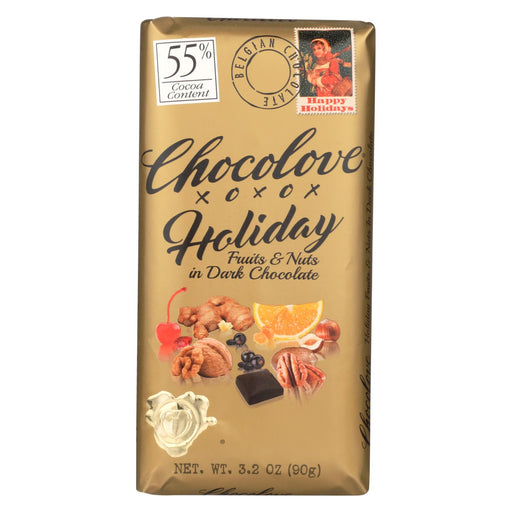 Chocolove Xoxox Bar - Holiday Fruits And Nuts In Dark Chocolate - Case Of 12 - 3.2 Oz.