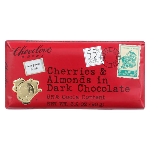 Chocolove Xoxox Premium Chocolate Bar - Dark Chocolate - Cherries And Almonds - 3.2 Oz Bars - Case Of 12