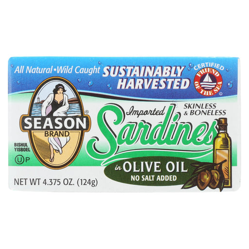 Season Brand Sardines - Skinless And Boneless - In Olive Oil - No Salt Added - 4.375 Oz - Case Of 12