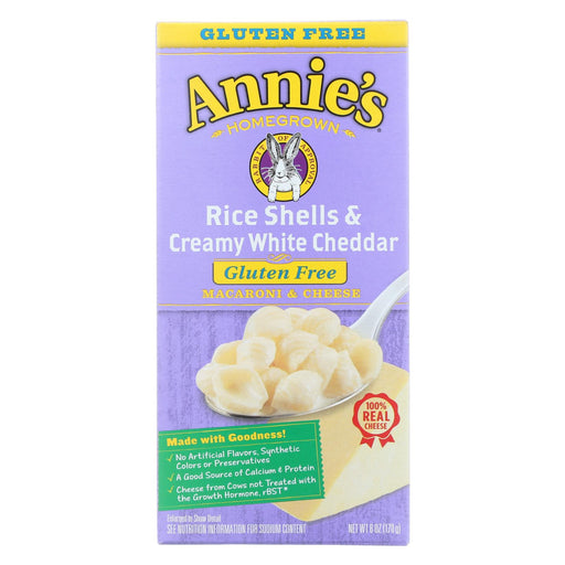 Annies Homegrown Macaroni And Cheese - Rice Shells And Creamy White Cheddar - Gluten Free - 6 Oz - Case Of 12