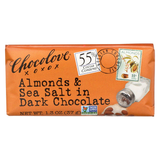 Chocolove Xoxox Premium Chocolate Bar - Dark Chocolate - Almonds And Sea Salt - Mini 1.3 Oz Bars - Case Of 12