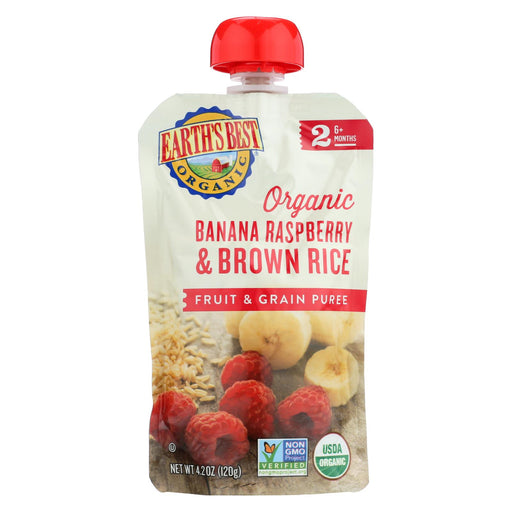 Earths Best Baby Food - Organic - Fruit And Grain Puree - Pouch - Age 6 Months Plus - Stage 2 - Banana Raspberry Brown Rice - 4.2 Oz - Case Of 12