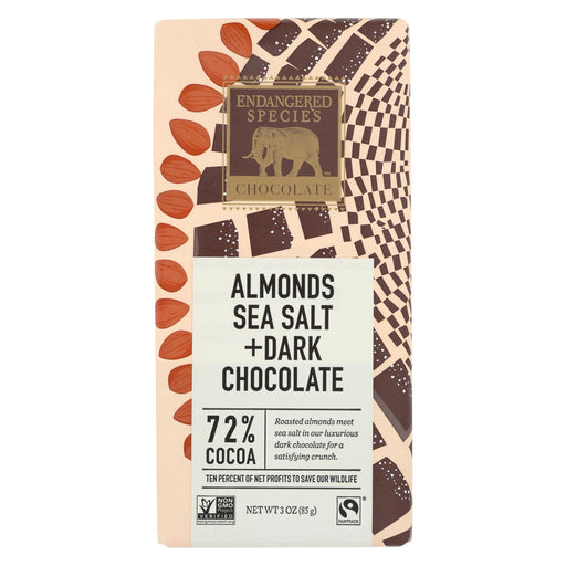 Endangered Species Natural Chocolate Bar - Dark Chocolate - 72 Percent Cocoa - Sea Salt And Almonds - 3 Oz Bars - Case Of 12
