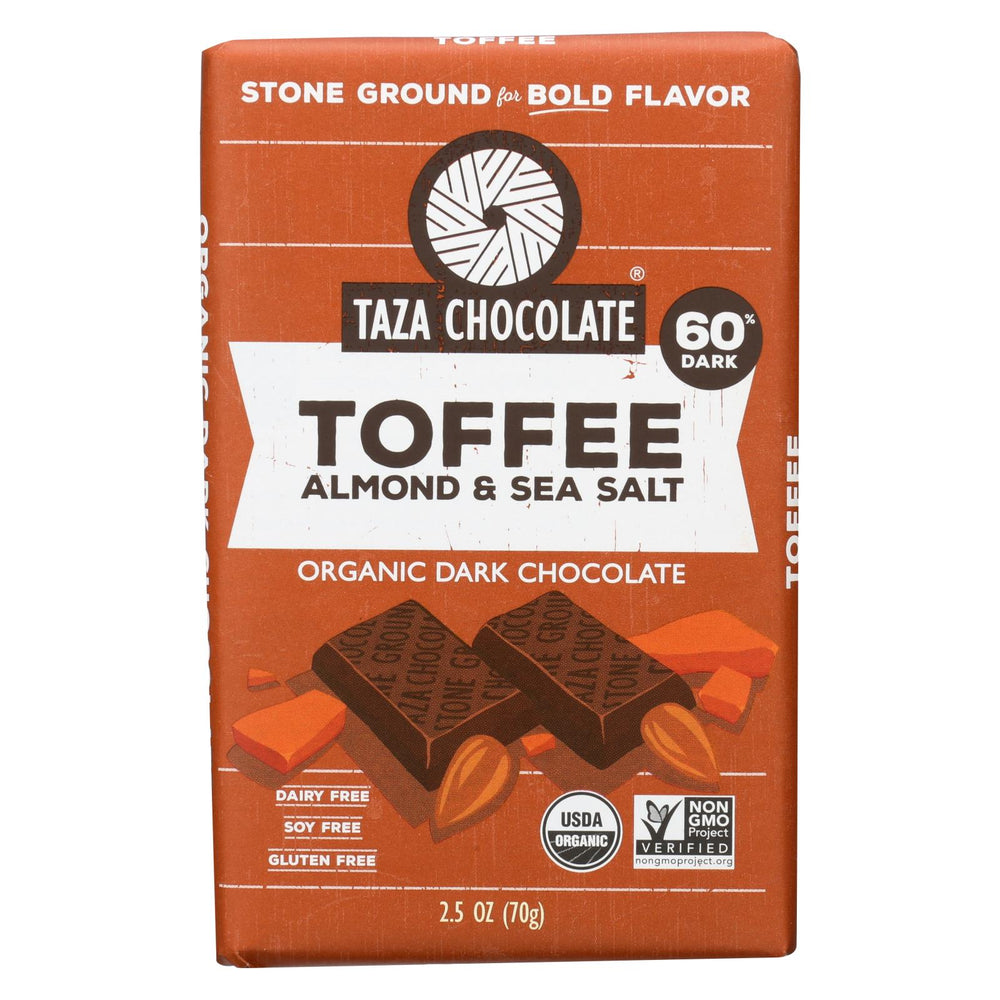 Taza Chocolate Stone Ground Organic Dark Chocolate Bar - Toffee, Almond, And Sea Salt - Case Of 10 - 2.5 Oz.