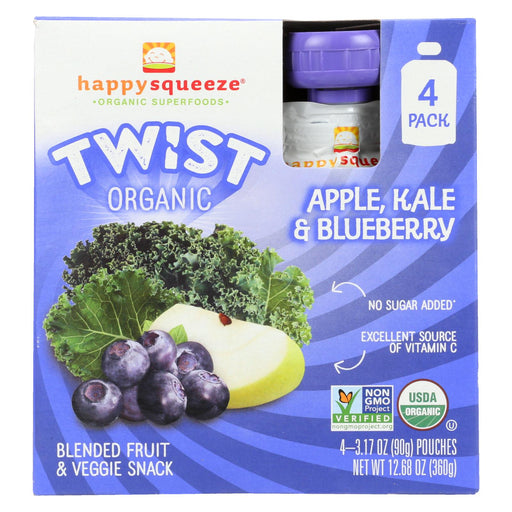 Happy Squeeze Fruit And Veggie Snack - Organic - Blended - Twist - Apple Kale And Blueberry - 4-3.17 Oz - Case Of 4