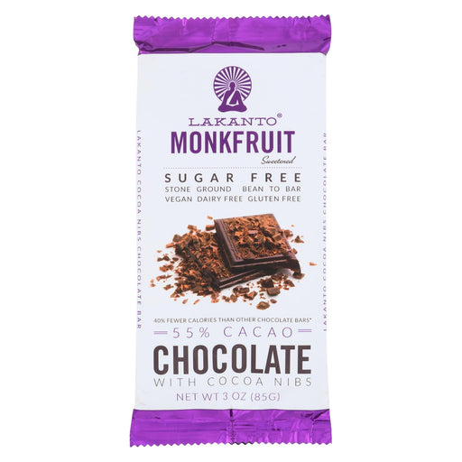 Lakanto Monkfruit Sweetened Chocolate Bar - Dark Chocolate With Cacao Nibs - Case Of 8 - 3 Oz.