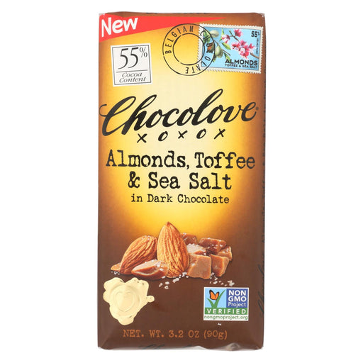 Chocolove Xoxox Bar - Almond - Toffe - Sea Salt - Dark Chocolate - Case Of 12 - 3.2 Oz