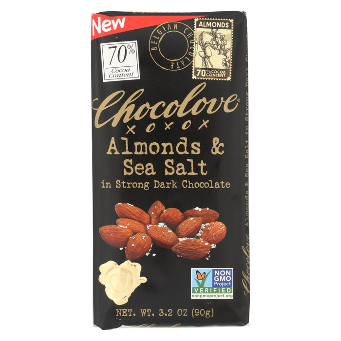 Chocolove Xoxox Bar - Almond - Sea Salt - 70% Dark Chocolate - Case Of 12 - 3.2 Oz