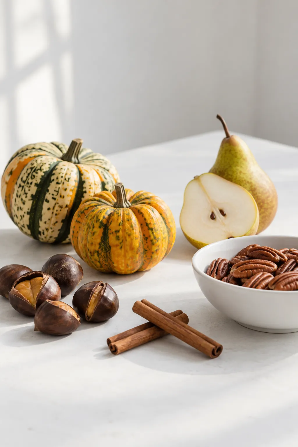 Small heirloom squash, chestnuts, cinnamon sticks, a pear and pecans on a white table
