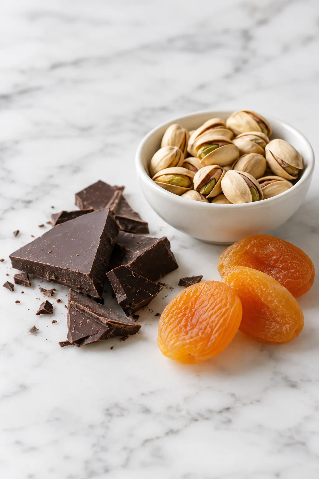 Broken dark chocolate, roasted pistachios and dried apricots on white marble